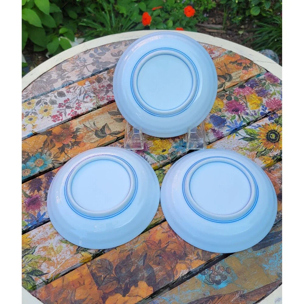 Blue Rimmed  Japanese Cherry Blossoms Porcelain Bowls - Set of 3